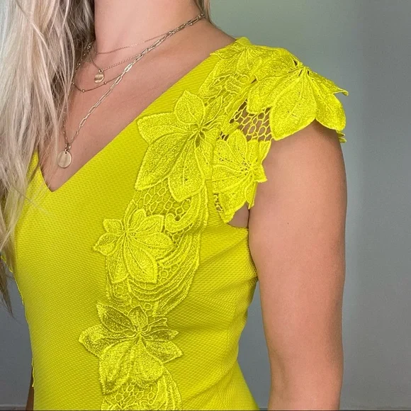 Badgley Mischka Chartreuse Yellow Lace Dress sz 4 - Picture 2 of 14